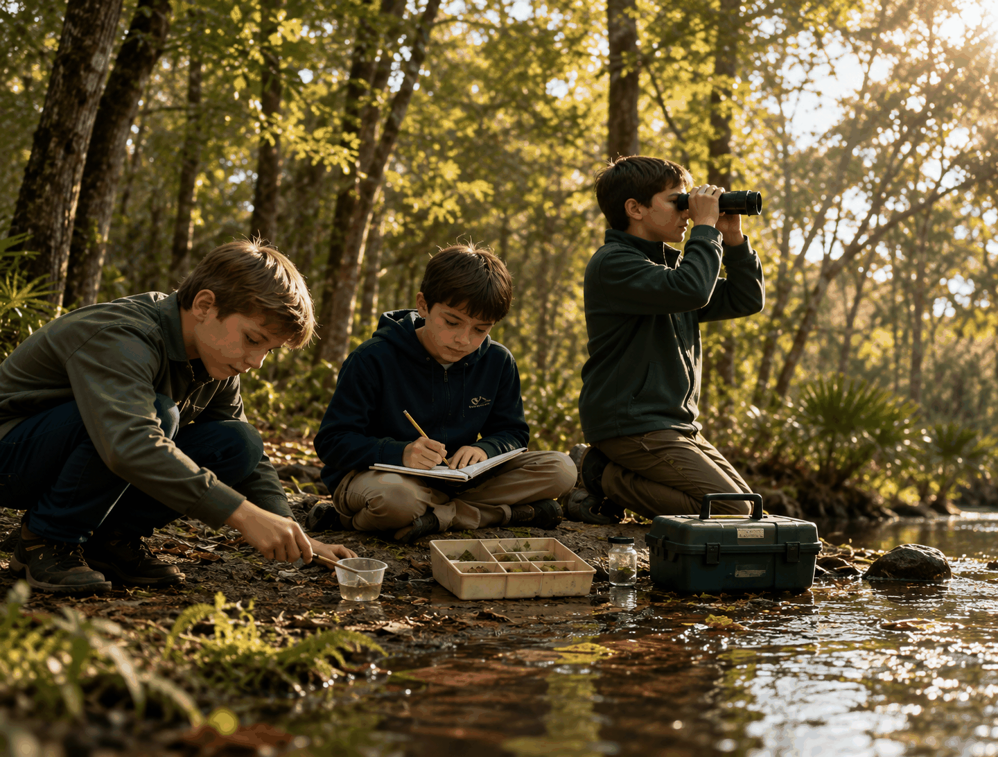 Three boys conducting a nature study along a stream, using binoculars, a field journal, and a specimen tray